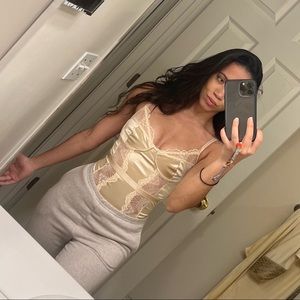 Prettylittlething champagne satin lace bodysuit